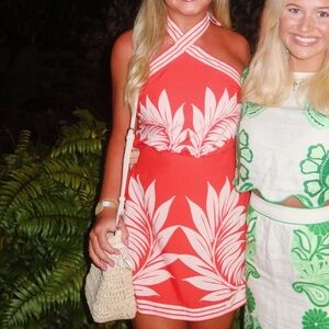 Vibrant Leaf Print Halter Mini Dress - Coral and White